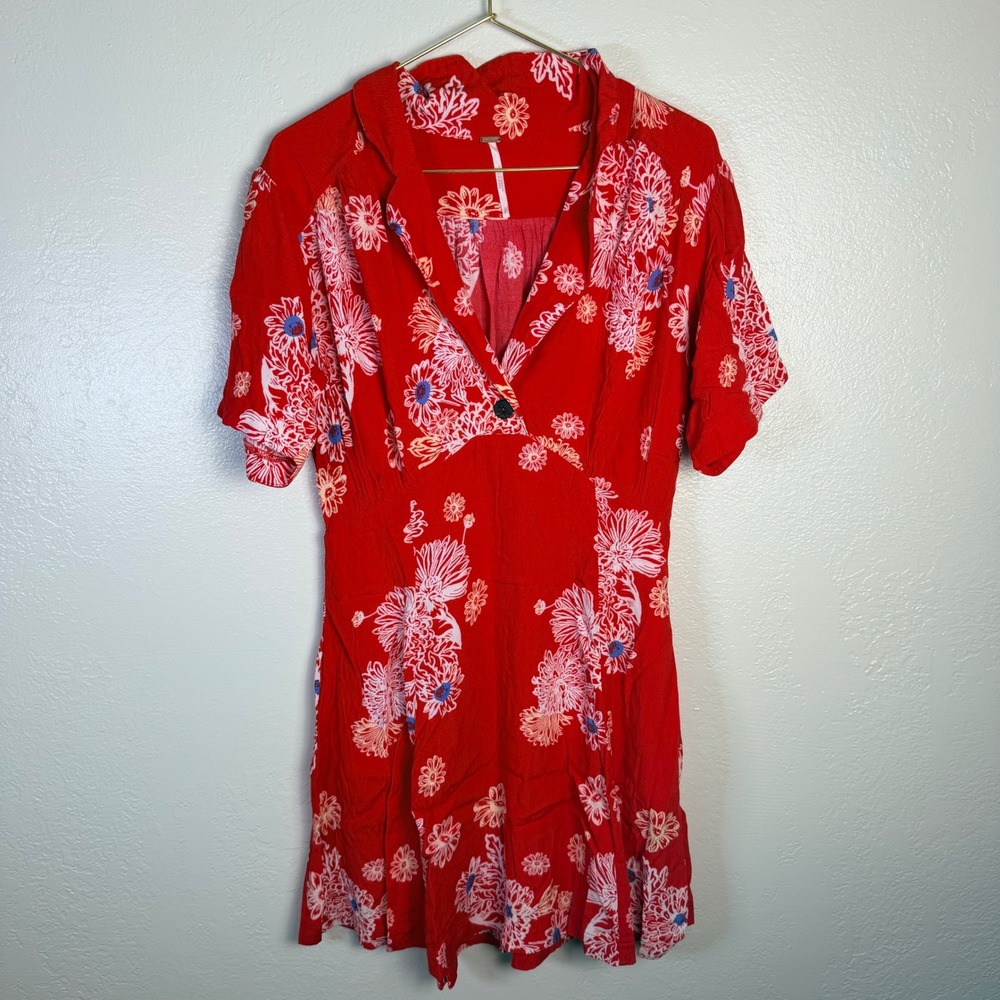 Free People S Red Floral Mini Dress Short Sleeve V-Neck Smocked Back Boho Retro